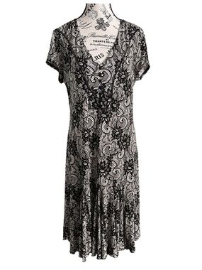 🇨🇦 Vintage 90s Joseph Ribkoff Black White Lace Print Midi Dress Y2K Goth Grunge